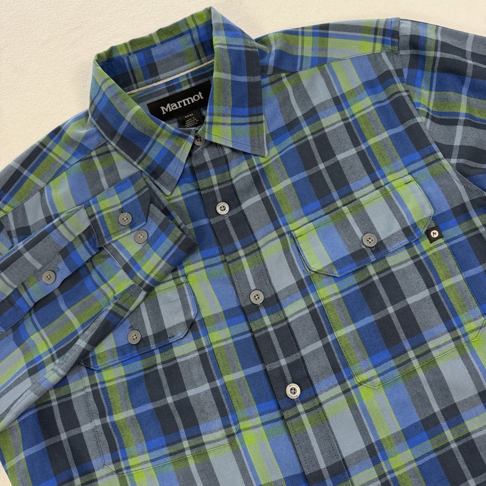 Marmot Flannel Shirt Mens Medium Long Sleeve Button Up Blue Black Green Plaid